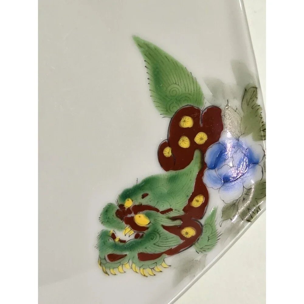 Set Of 5 Hexagonal Plates Hand Painted Foo Dogs Dragons Floral 7.25